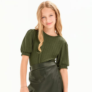 Embossed Knit Short Puff Sleeve Top