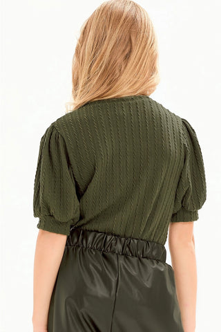 Embossed Knit Short Puff Sleeve Top