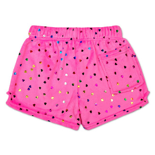 Bright Pink Foil Heart Plush Shorts